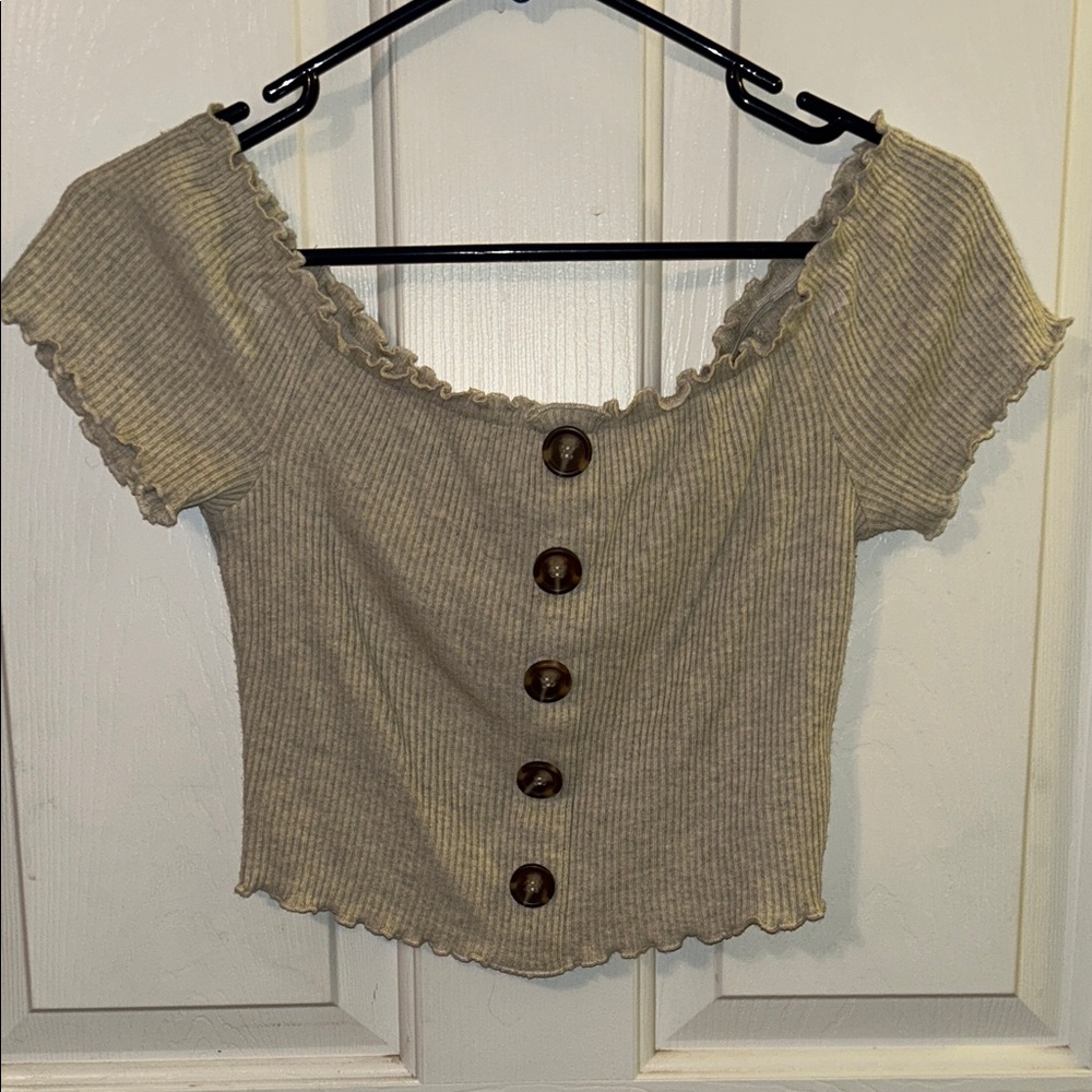 Stylish Off-Shoulder Ribbed Crop Top - Beige